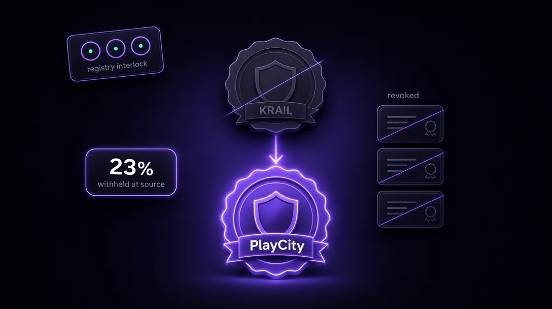 Ukrainian PlayCity regulator emblem with stacked KRAIL-dissolution-and-replacement architectural illustration